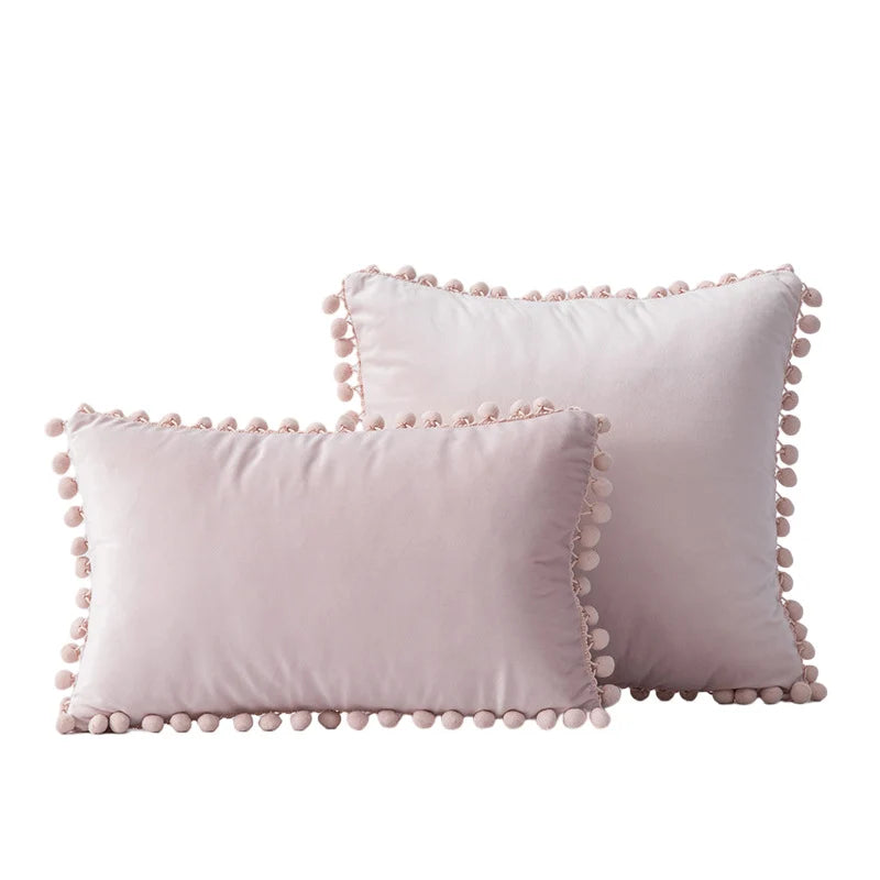 Throw Pillow Set Velvet Pom-Pom Fringe Square & Lumbar Pair