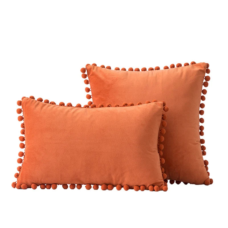 Throw Pillow Set Velvet Pom-Pom Fringe Square & Lumbar Pair