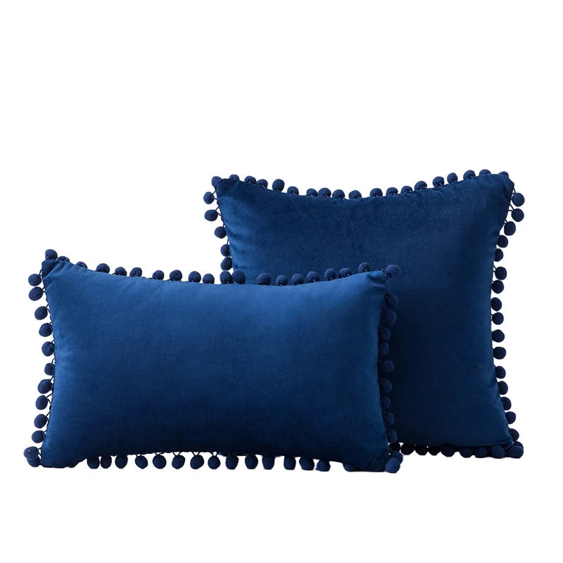 Throw Pillow Set Velvet Pom-Pom Fringe Square & Lumbar Pair
