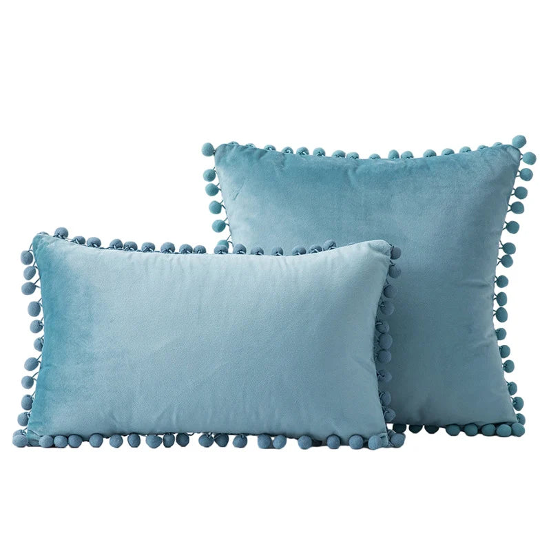 Throw Pillow Set Velvet Pom-Pom Fringe Square & Lumbar Pair
