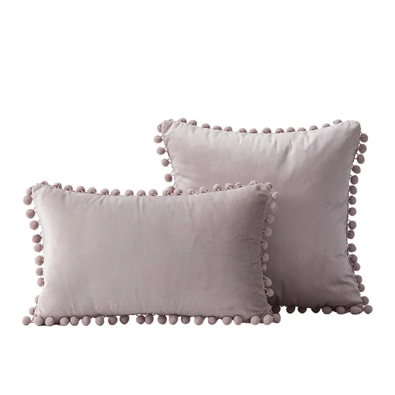 Throw Pillow Set Velvet Pom-Pom Fringe Square & Lumbar Pair