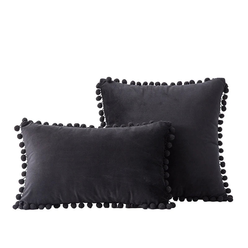 Throw Pillow Set Velvet Pom-Pom Fringe Square & Lumbar Pair