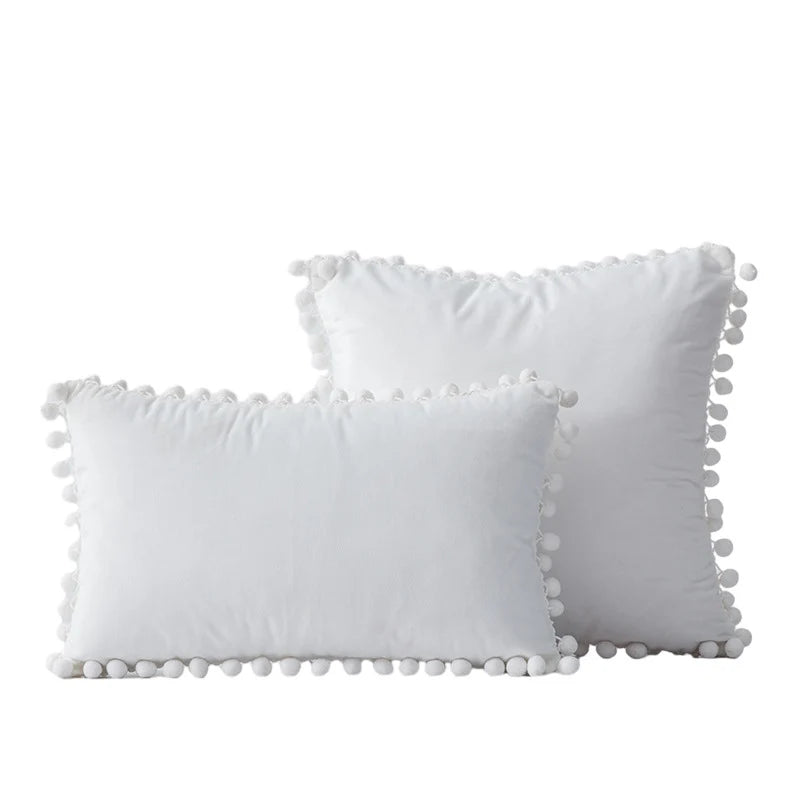 Throw Pillow Set Velvet Pom-Pom Fringe Square & Lumbar Pair