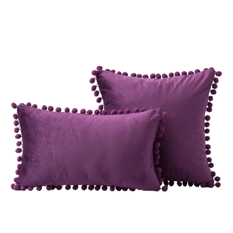 Throw Pillow Set Velvet Pom-Pom Fringe Square & Lumbar Pair