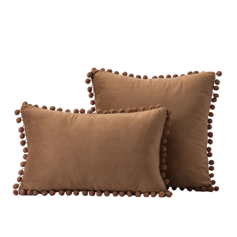 Throw Pillow Set Velvet Pom-Pom Fringe Square & Lumbar Pair