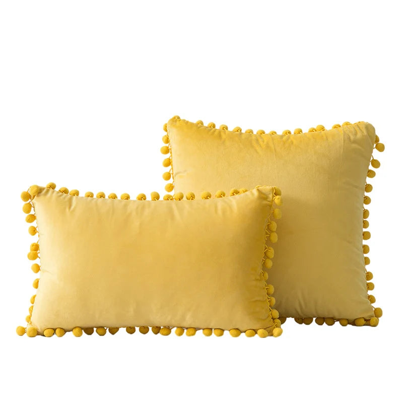 Throw Pillow Set Velvet Pom-Pom Fringe Square & Lumbar Pair