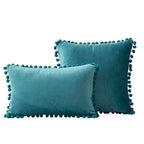 Throw Pillow Set Velvet Pom-Pom Fringe Square & Lumbar Pair
