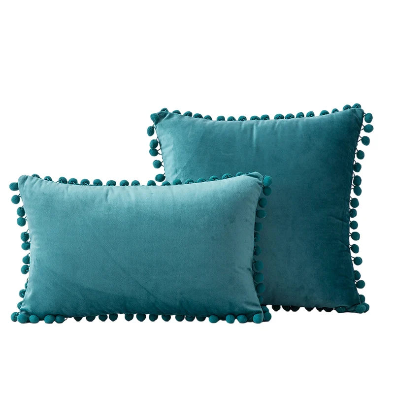 Throw Pillow Set Velvet Pom-Pom Fringe Square & Lumbar Pair