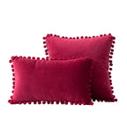 Throw Pillow Set Velvet Pom-Pom Fringe Square & Lumbar Pair