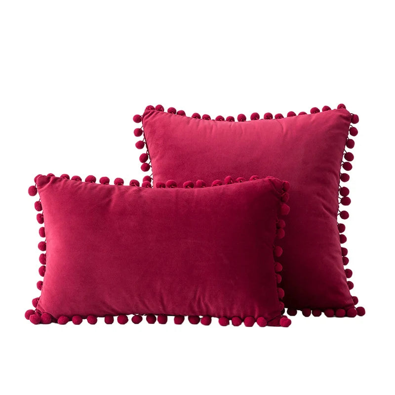 Throw Pillow Set Velvet Pom-Pom Fringe Square & Lumbar Pair