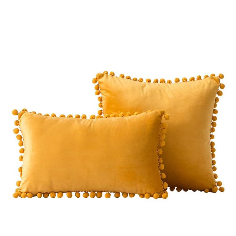 Throw Pillow Set Velvet Pom-Pom Fringe Square & Lumbar Pair