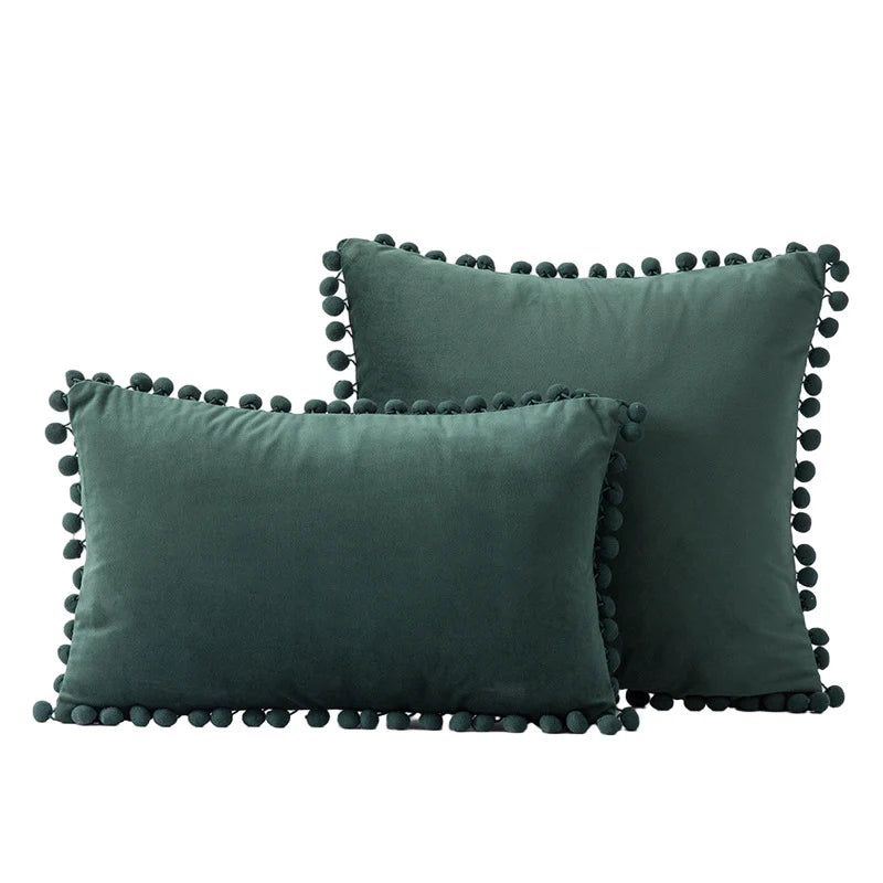 Throw Pillow Set Velvet Pom-Pom Fringe Square & Lumbar Pair