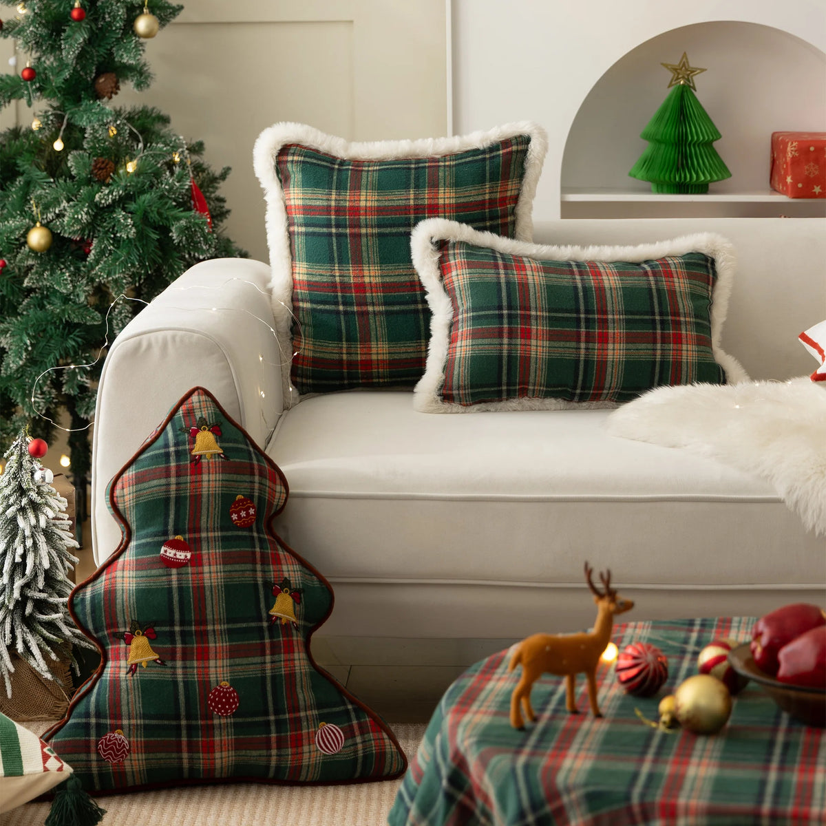 Throw Pillow Tartan Cotton-Blend Cover Faux Fur Trim