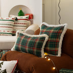 Throw Pillow Tartan Cotton-Blend Cover Faux Fur Trim