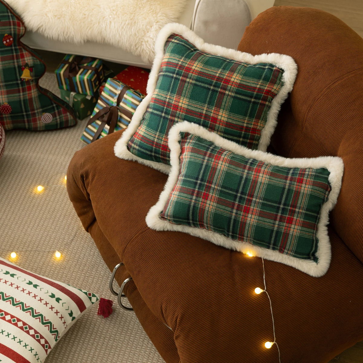 Throw Pillow Tartan Cotton-Blend Cover Faux Fur Trim