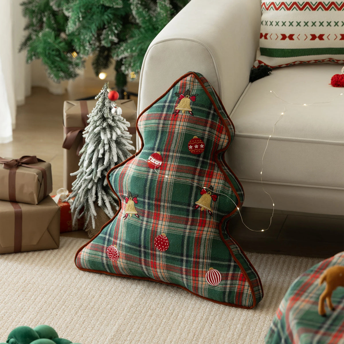Throw Pillow Tartan Cotton-Blend Cover Faux Fur Trim