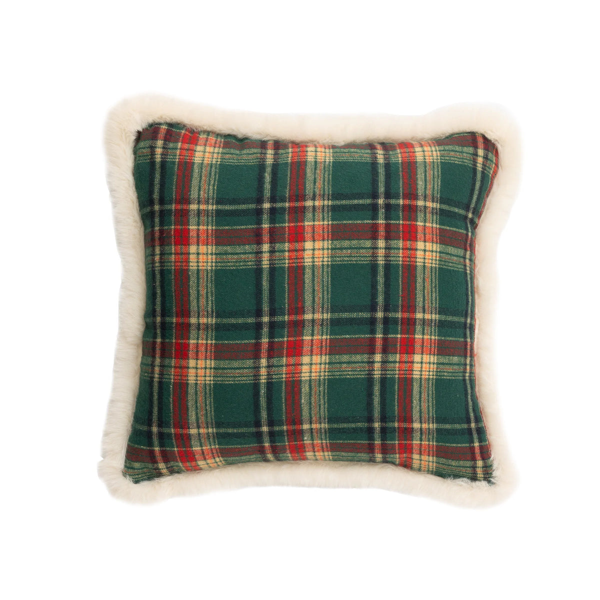 Throw Pillow Tartan Cotton-Blend Cover Faux Fur Trim