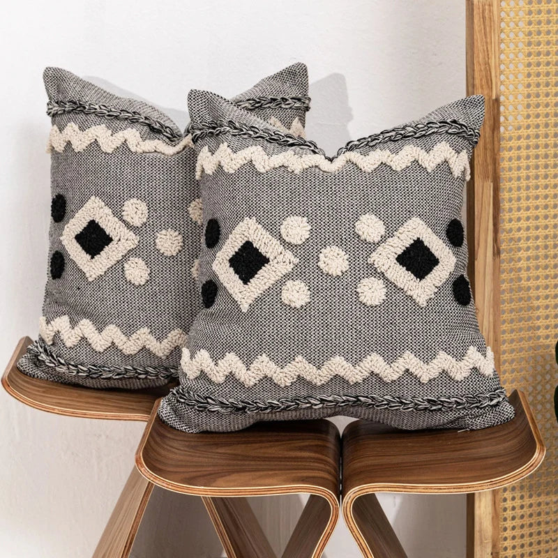Throw Pillow Tufted Geometric Braided Edge Removable Cover