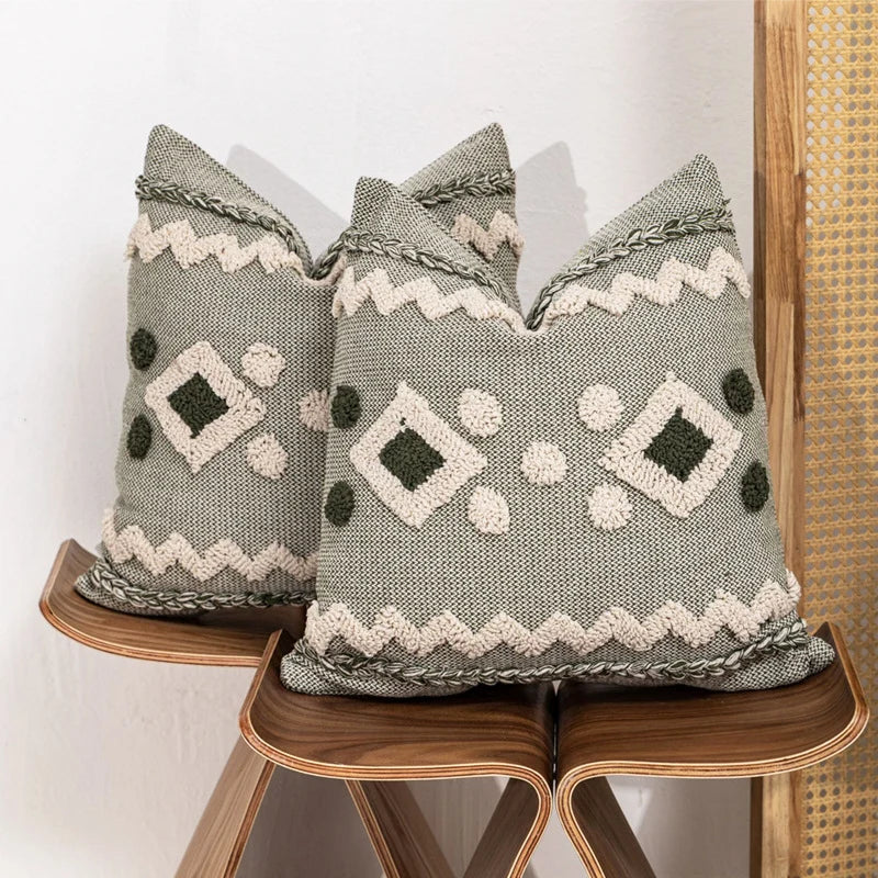 Throw Pillow Tufted Geometric Braided Edge Removable Cover