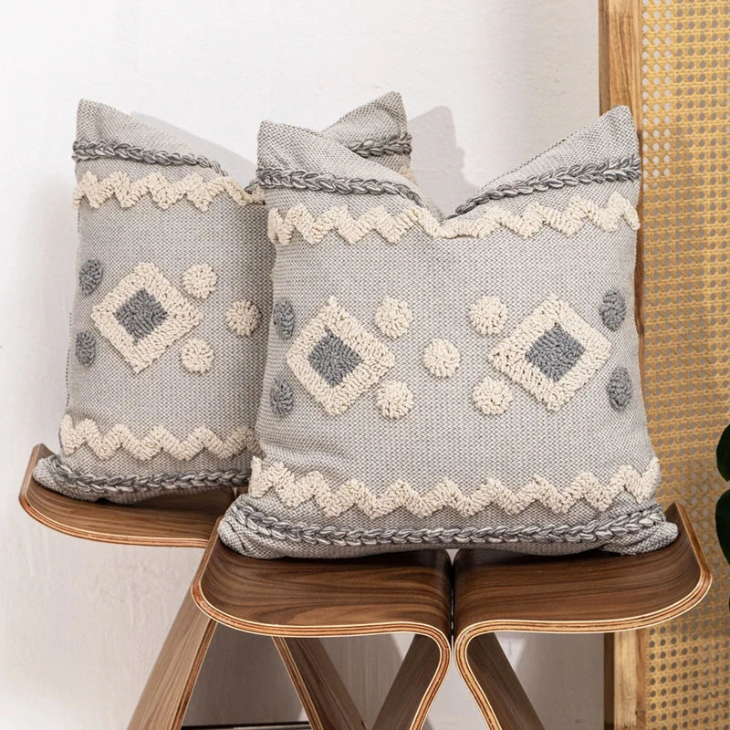 Throw Pillow Tufted Geometric Braided Edge Removable Cover