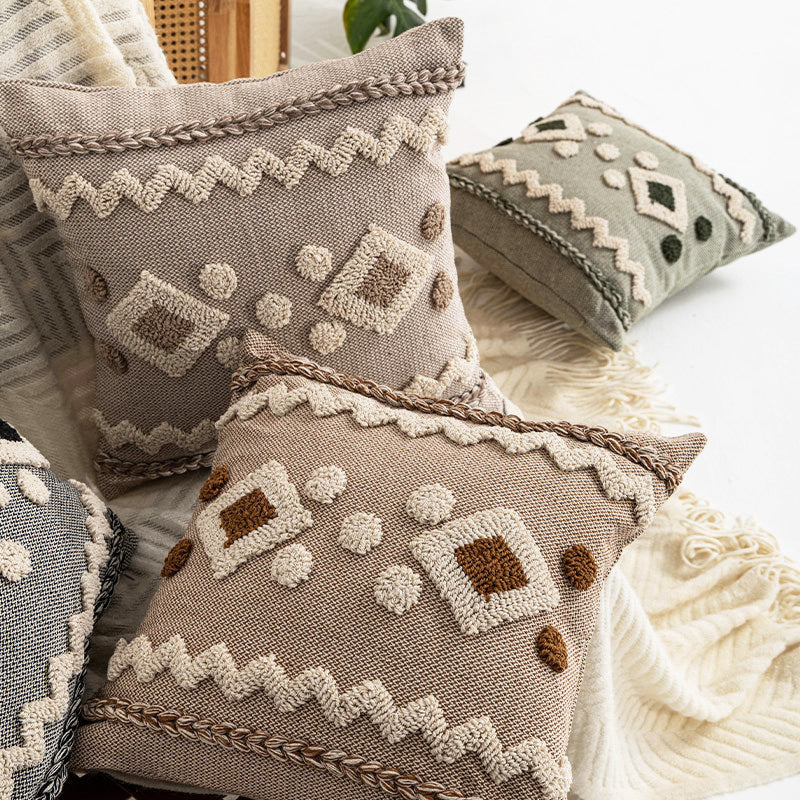 Throw Pillow Tufted Geometric Braided Edge Removable Cover