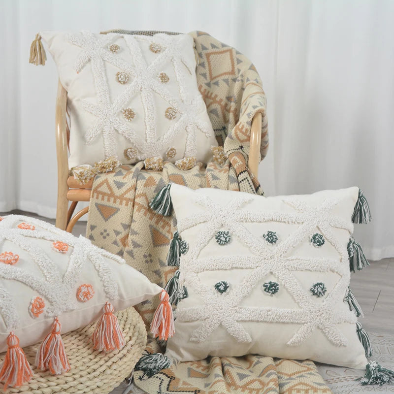 Throw Pillow Tufted Geometric Tassels Removable Cotton Cover