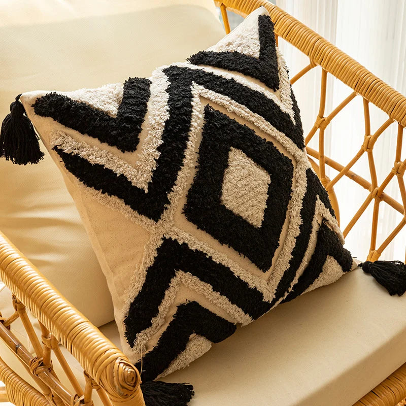 Throw Pillow Tufted Texture Tassel Corners Removable Cotton-Blend Cover
