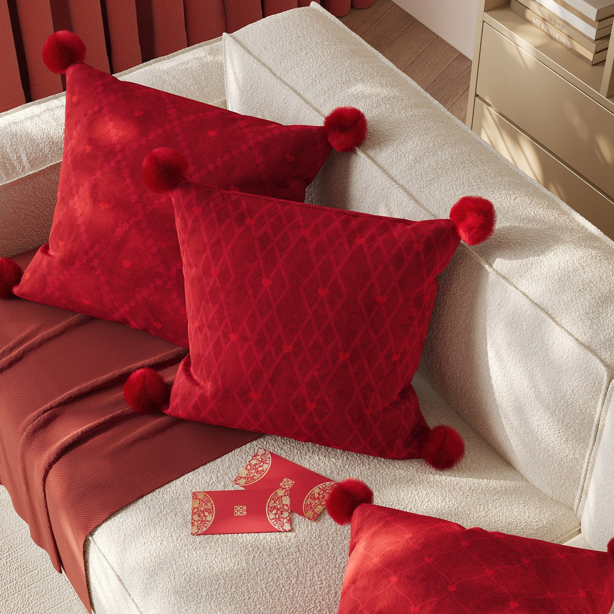 Throw Pillow Velvet Jacquard Heart Pom-Poms
