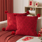 Throw Pillow Velvet Jacquard Heart Pom-Poms
