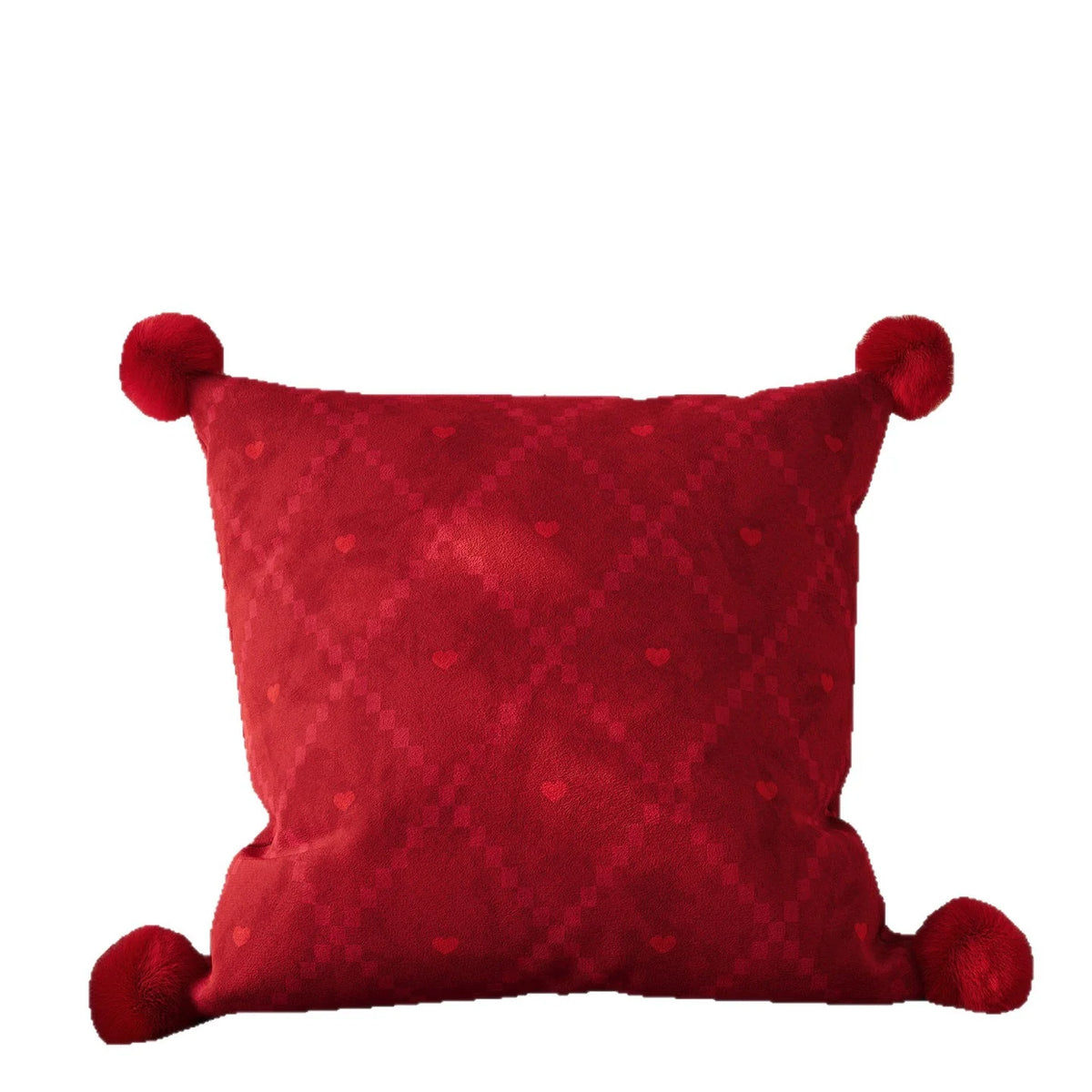 Throw Pillow Velvet Jacquard Heart Pom-Poms