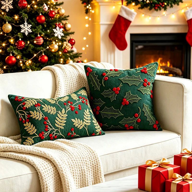 Throw Pillow Velveteen Embroidered Pom Berries Hidden Zipper