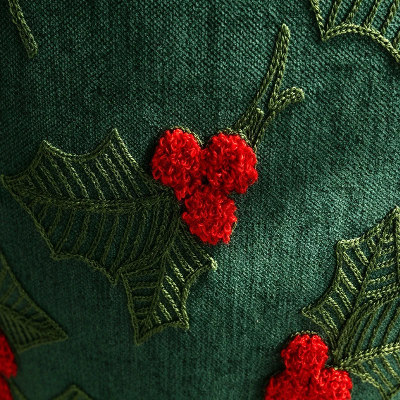 Throw Pillow Velveteen Embroidered Pom Berries Hidden Zipper