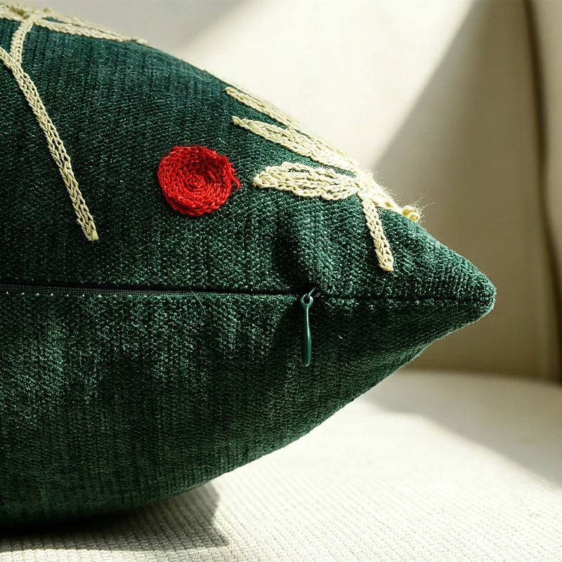 Throw Pillow Velveteen Embroidered Pom Berries Hidden Zipper