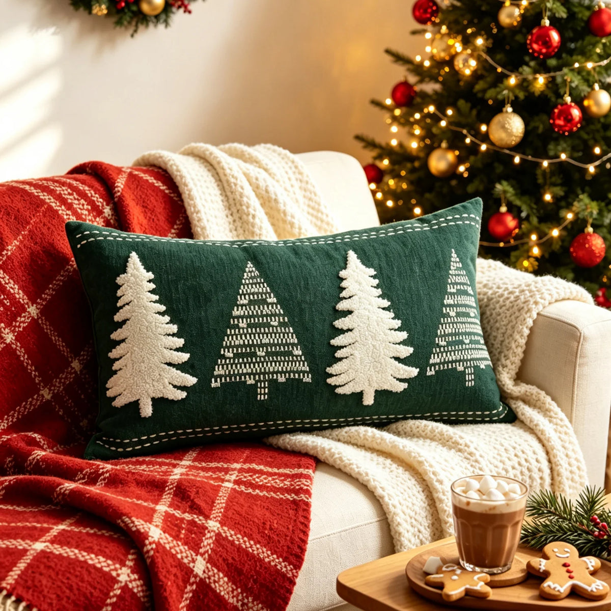 Throw Pillow Velveteen Embroidered Pom Berries Hidden Zipper