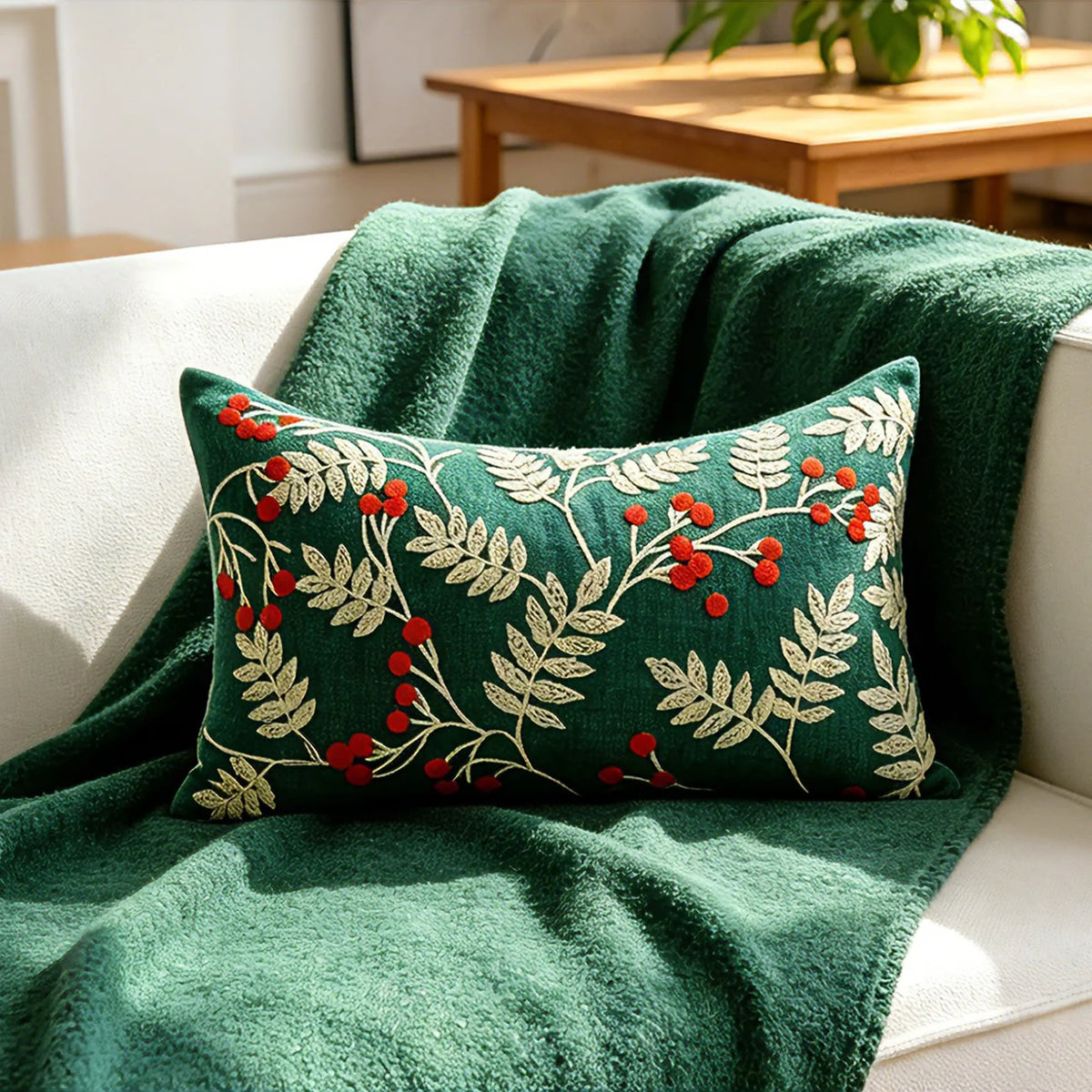 Throw Pillow Velveteen Embroidered Pom Berries Hidden Zipper