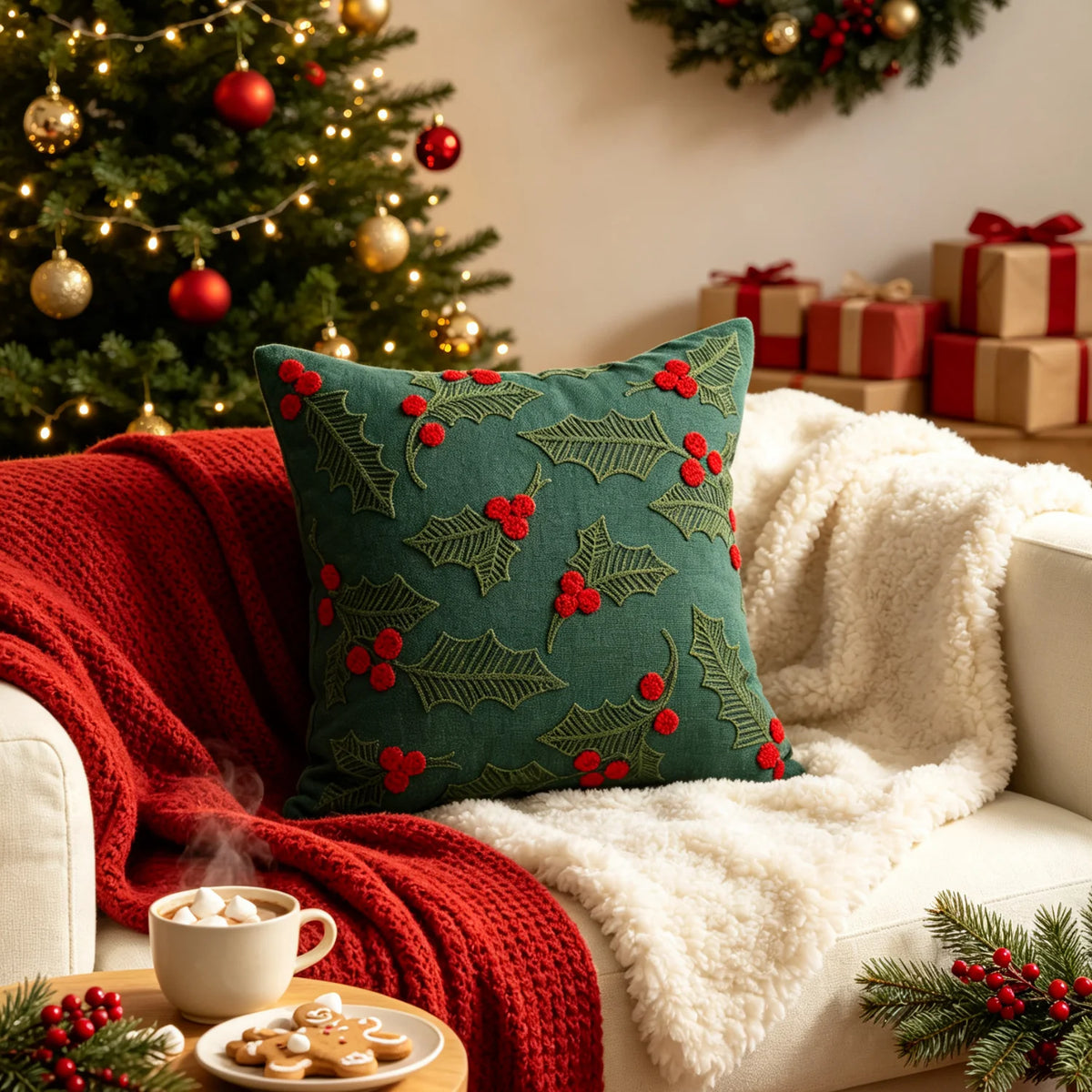Throw Pillow Velveteen Embroidered Pom Berries Hidden Zipper