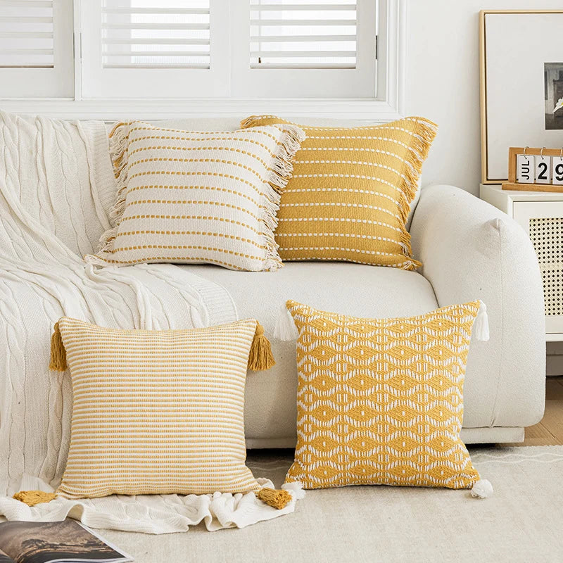Throw Pillow Woven Striped Fringed Edges Removable Cover