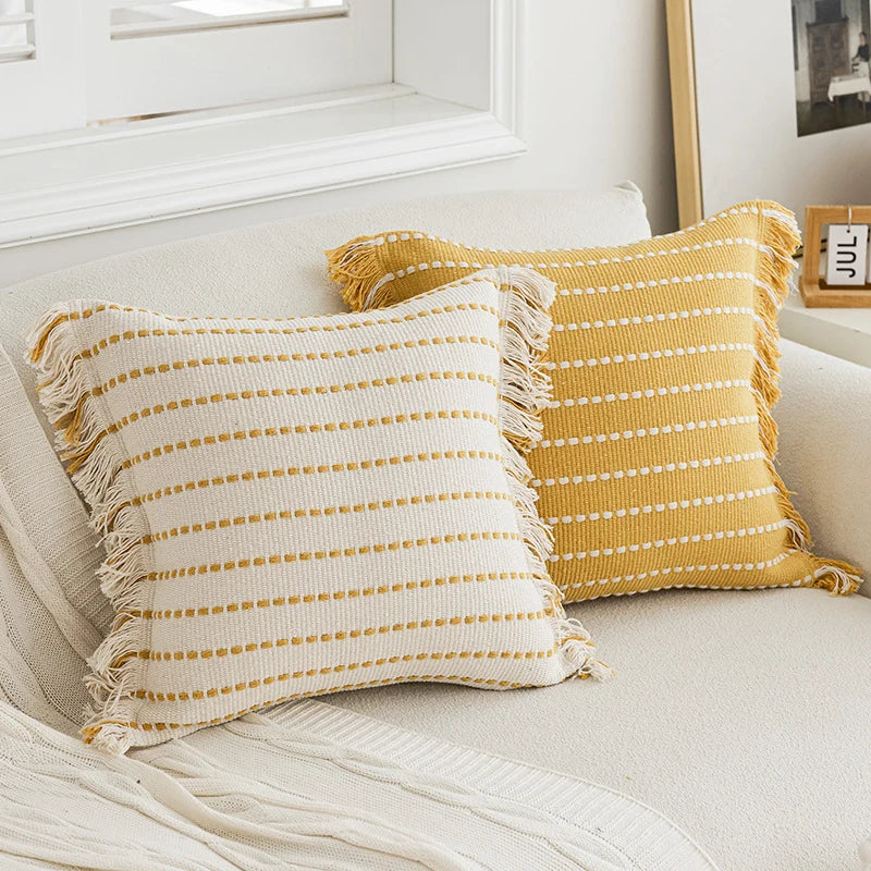 Throw Pillow Woven Striped Fringed Edges Removable Cover