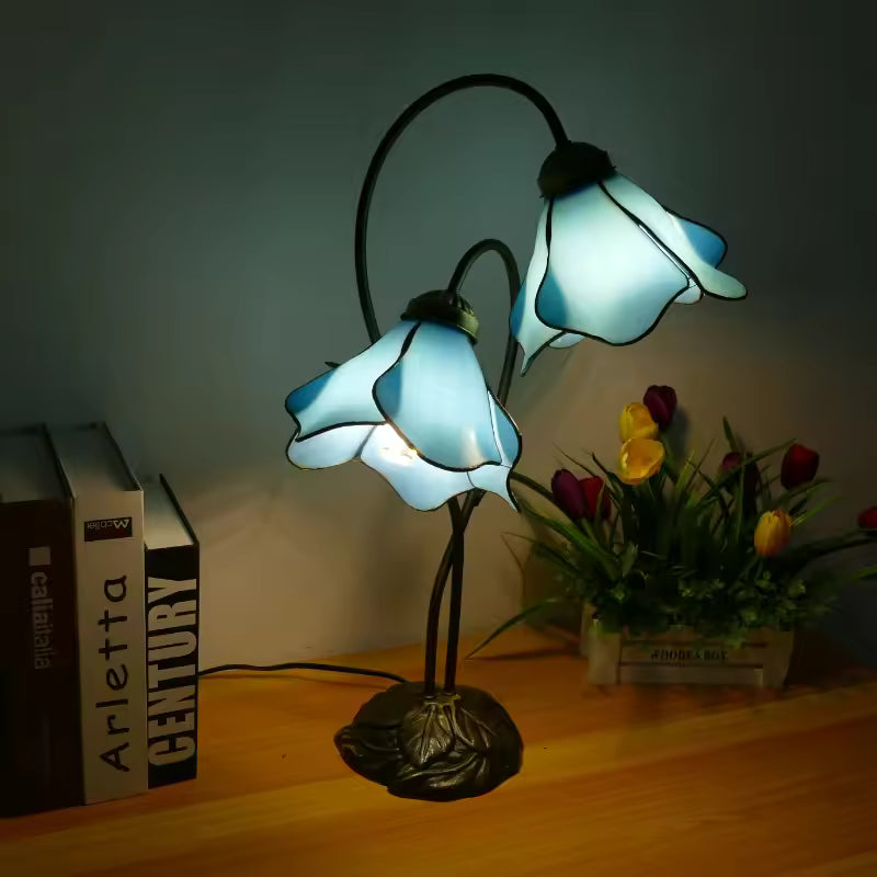 Tiffany-Style Twin Flower Stained Glass Table Lamp