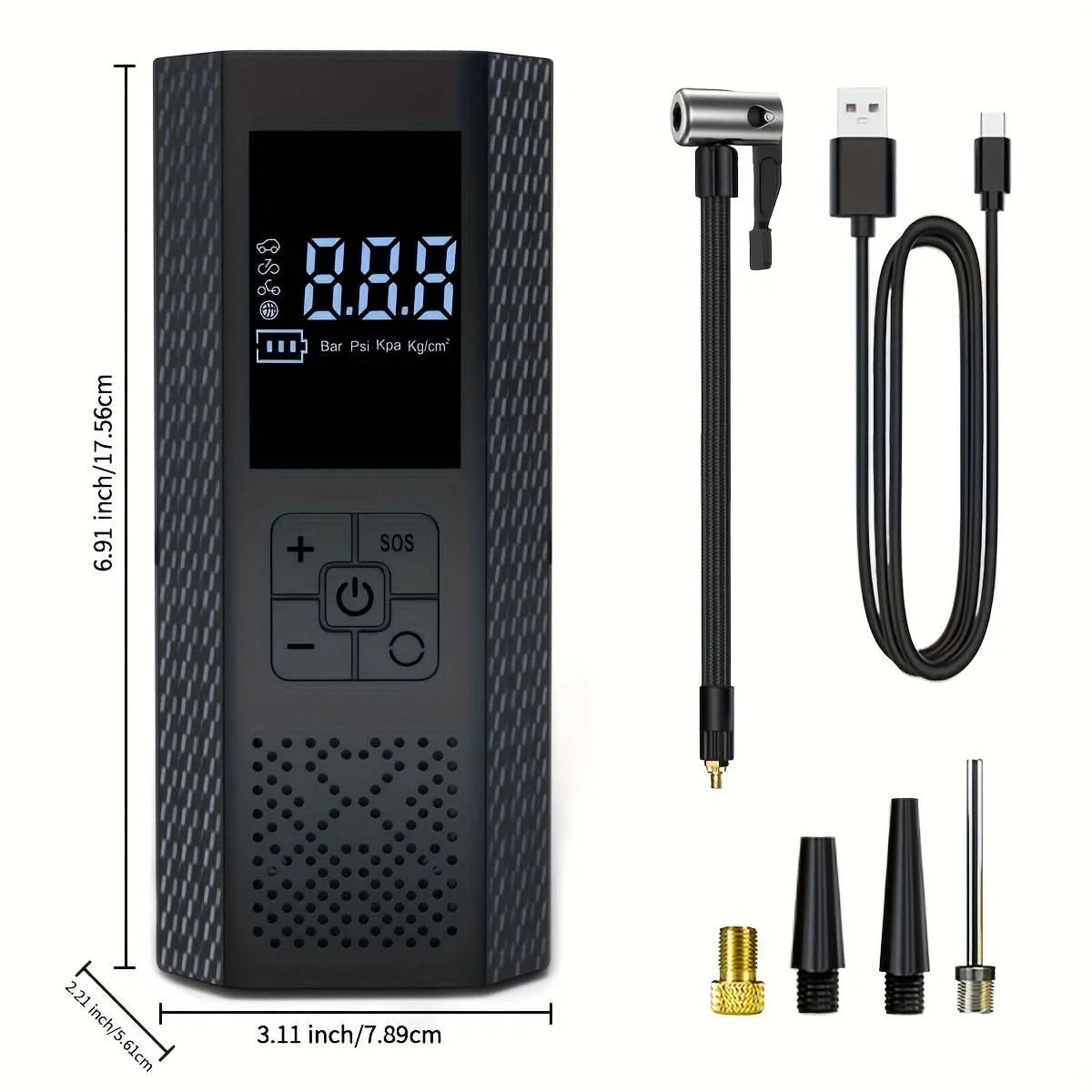 Tire Inflator Cordless LED Gauge USB Rechargeable 150 PSI