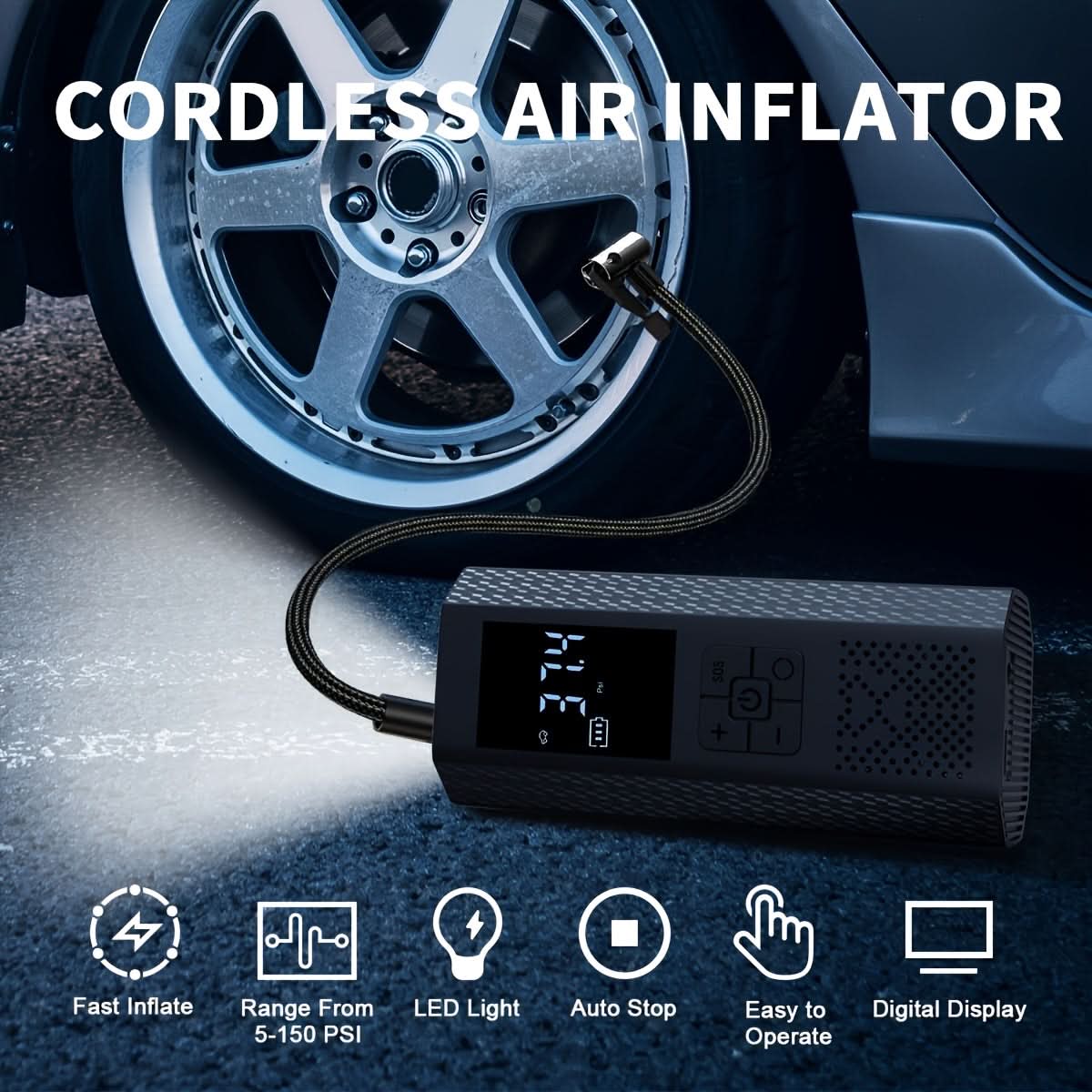 Tire Inflator Cordless LED Gauge USB Rechargeable 150 PSI