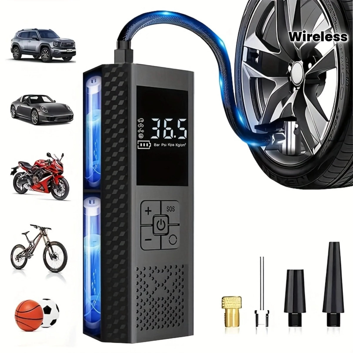 Tire Inflator Cordless LED Gauge USB Rechargeable 150 PSI