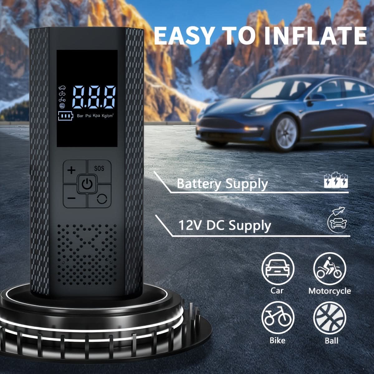 Tire Inflator Cordless LED Gauge USB Rechargeable 150 PSI