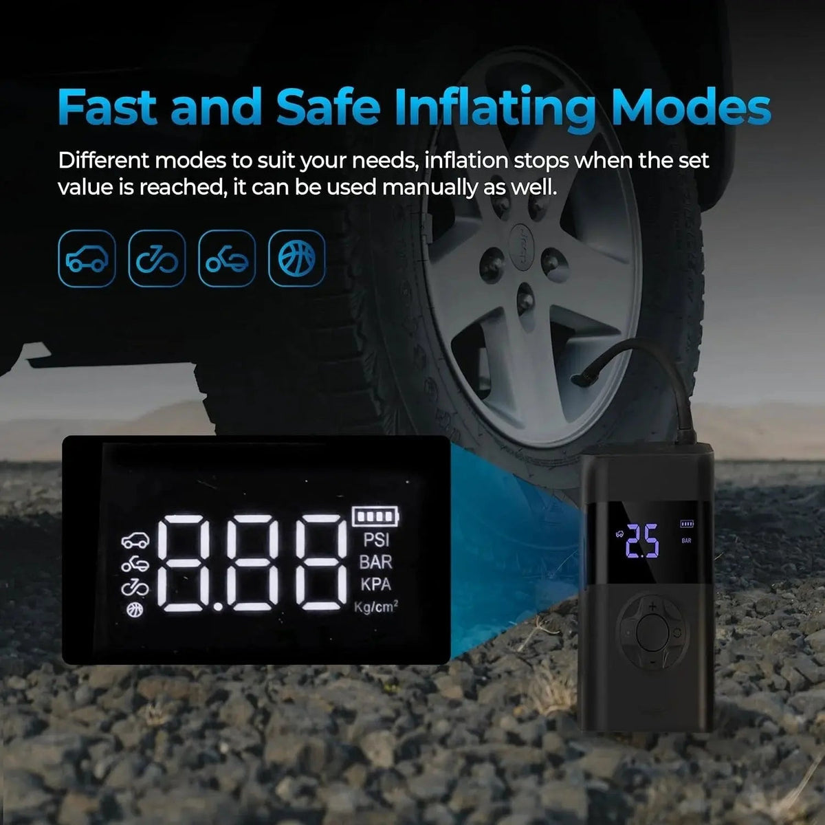 Tire Inflator Portable USB Rechargeable LCD Auto-Stop