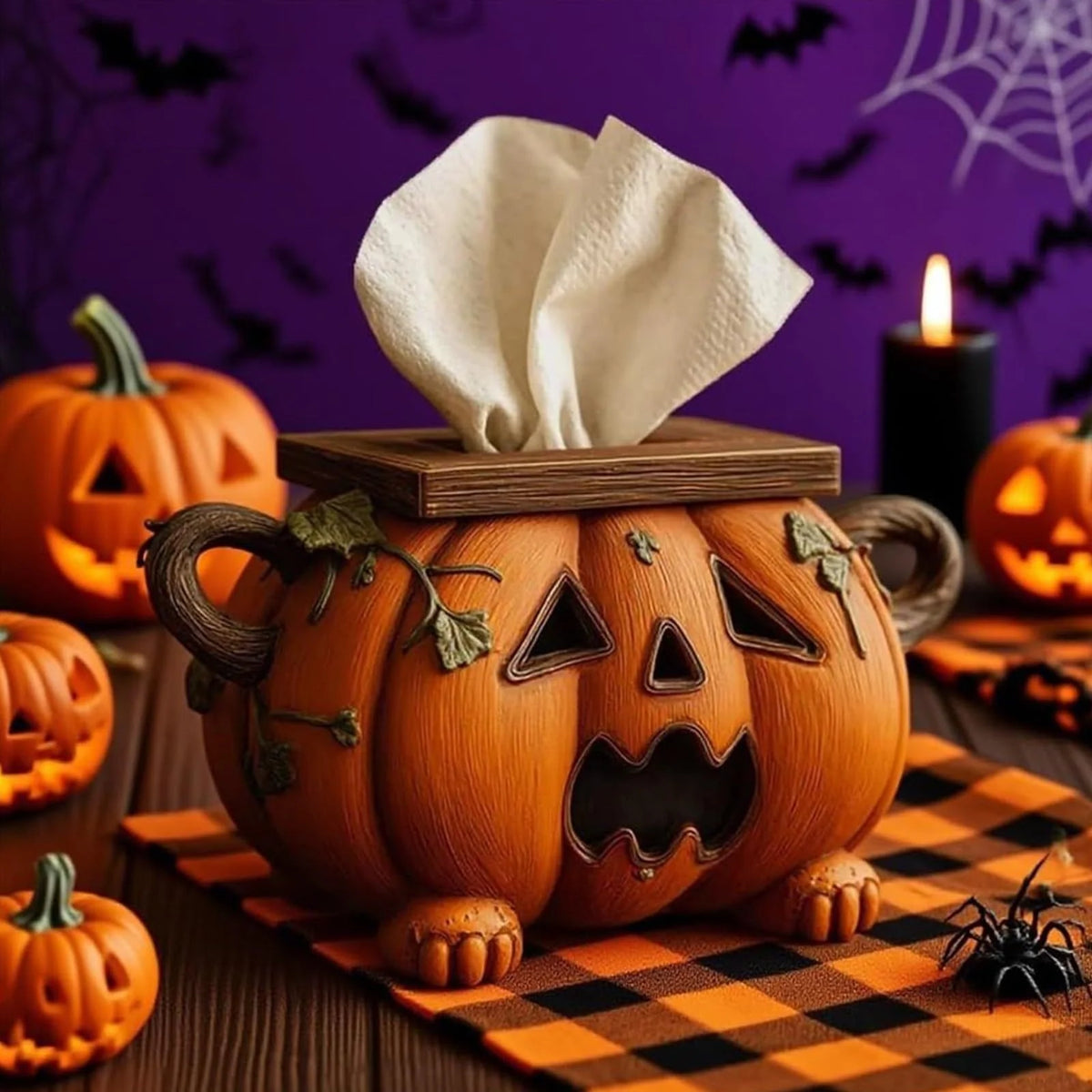 Tissue Box Cover Ceramic Pumpkin Wood-Look Lid