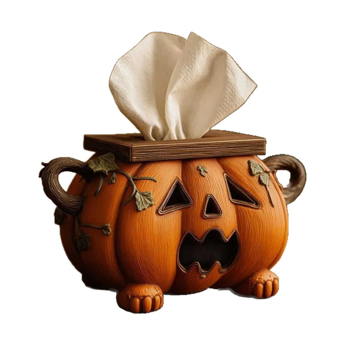 Tissue Box Cover Ceramic Pumpkin Wood-Look Lid