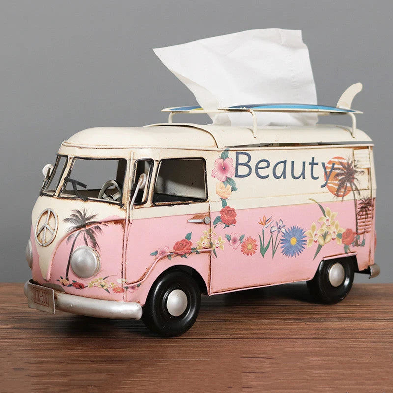 Tissue Box Holder Hand-Painted Floral Retro Bus