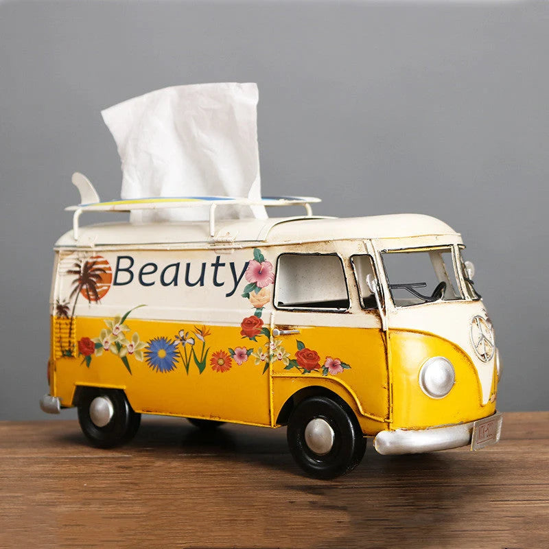 Tissue Box Holder Hand-Painted Floral Retro Bus