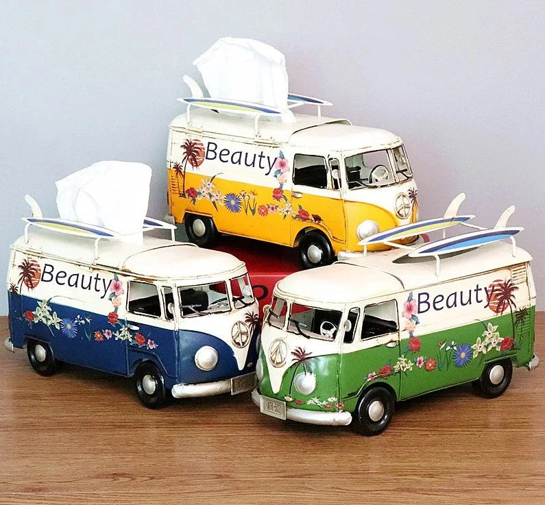Tissue Box Holder Hand-Painted Floral Retro Bus