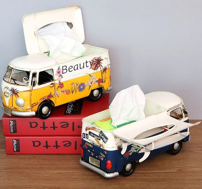Tissue Box Holder Hand-Painted Floral Retro Bus